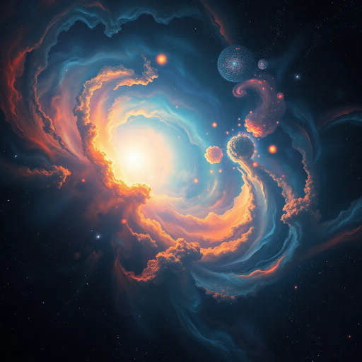 cosmic phenomenon, swirling void, celestial mystery, vibrant nebulae, Hawking radiation, ethereal glow, interstellar depths, Einstein's theory of relativity, event horizon, gravitational pull, luminous gases, dark matter, cosmic ballet, light distortion, space-time continuum, surreal atmosphere, Carl Sagan influence, Van Gogh's starry night, Miroslav Tichy shadows, astral projection, infinite space, transcendent reality, futuristic vision, dynamic composition