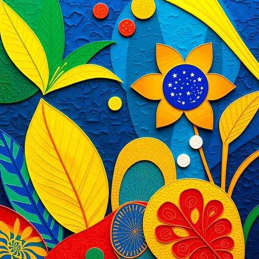 vivid colors, national symbol, Brazil, celestial sphere, infinite sky, tropical vibrancy, geometric symmetry, modernist influence, bold lines, emerald green, golden yellow, azure blue, luminescent glow, cultural pride, dynamic composition, contemporary elements, rhythmic energy, abstract representation, South American essence, harmonious balance, global unity, festive spirit, optical illusion, expansive space, contrasting tones