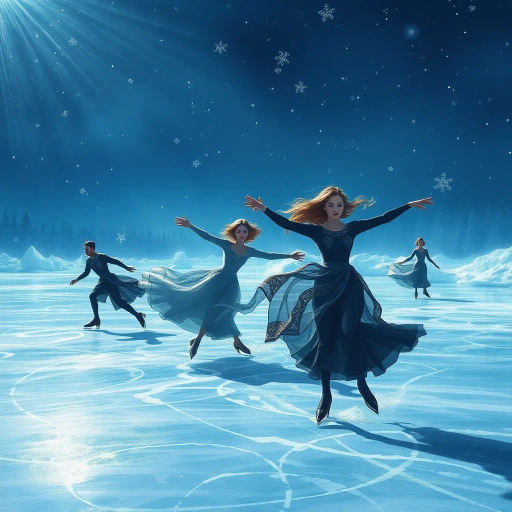 elegant figures, gliding on ice, winter wonderland, Olympic spirit, dynamic motion, graceful movements, intricate patterns, frost-covered landscape, vivid contrasts, art deco influence, Chiaroscuro lighting, dramatic highlights, shimmering ice reflections, cool blue tones, gusts of wind, surreal atmosphere, expressive gestures, encapsulating moment, global unity, ethereal glow, Berthe Morisot inspiration, frozen elegance, elevated rink, exhilarating atmosphere, harmonic balance, hyper-realistic textures, evocative emotion