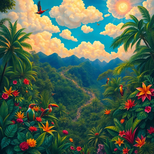 vivid rainforests, carnival atmosphere, vibrant colors, intricate details, lush foliage, rich cultural heritage, magical realism, Brazilian landscape, surreal clouds, tropical wildlife, Henri Rousseau influence, rhythmic movement, radiant sunlight, festive mood, intricate patterns, exotic birds, mythical elements, celebratory spirit, tropical flora, samba rhythm, enchanting scenery