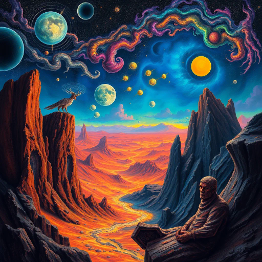 surreal landscapes, mythical creatures, futuristic elements, vibrant hues, intricate textures, dynamic lighting, Salvador Dali influence, science fiction, imaginative symbolism, ethereal atmosphere, bold contrasts, imaginative horizons, non-linear perspective, mystical mood, expansive cosmos, dreamlike narratives, ultramodern aesthetics, celestial motifs