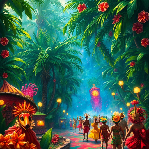 vibrant carnival, amazon jungle, lush greenery, rich cultural tapestry, Carmen Miranda, surrealism, tropical hues, dynamic movement, rhythmic energy, expressive colors, intricate patterns, lively street scenes, samba dancers, exotic wildlife, atmospheric perspective, detailed textures, magical realism, cultural diversity, spirited festivities, radiant sunlight, complex compositions, whimsical elements, bold palettes, mystical atmosphere, fantastical landscapes, tropical flora and fauna