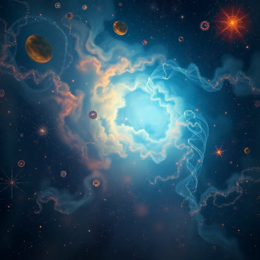 ethereal ambiance, swirling particles, cosmic dust, Vincent van Gogh inspiration, luminescent hues, dynamic flow, atmospheric lighting, celestial bodies, infinite space, dreamlike quality, cosmic mystery, transcendental perspective, surreal elements, nebula clouds, high contrast, shimmering textures, stardust, poetic essence, metaphysical journey, intricate details, interstellar theme