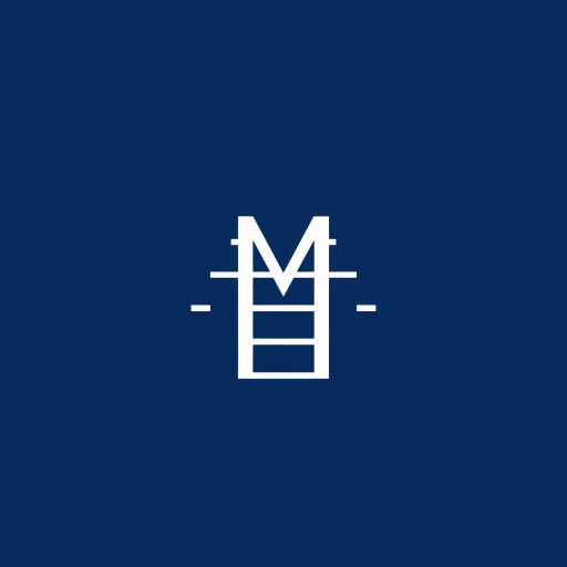 geometric composition, minimalism, indigo blue, vector art, M lettermark, thin horizontal lines, vertical strokes, hierarchy symbolism, ladder metaphor, modern typography, precision design, clean lines, contemporary branding, graphic symmetry, negative space, corporate aesthetics, subtle complexity, Bauhaus influence, flat design, white background, balanced proportions