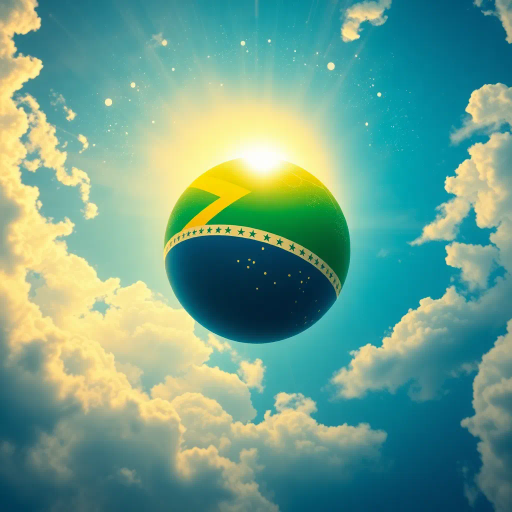 vivid colors, national symbol, Brazil, celestial sphere, infinite sky, tropical vibrancy, geometric symmetry, modernist influence, bold lines, emerald green, golden yellow, azure blue, luminescent glow, cultural pride, dynamic composition, contemporary elements, rhythmic energy, abstract representation, South American essence, harmonious balance, global unity, festive spirit, optical illusion, expansive space, contrasting tones