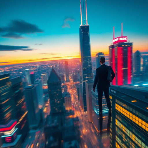 corporate leadership, power dynamics, futuristic cityscape, neon lights, high-rise architecture, luminous reflections, sharp contrasts, Edward Hopper, Giorgio de Chirico, modernism, sleek design, urban sophistication, high angle perspective, dynamic movement, strategic focus, metaphorical landscapes, evening glow, structural balance, business attire, visionary outlook, digital abstraction, vibrant palettes