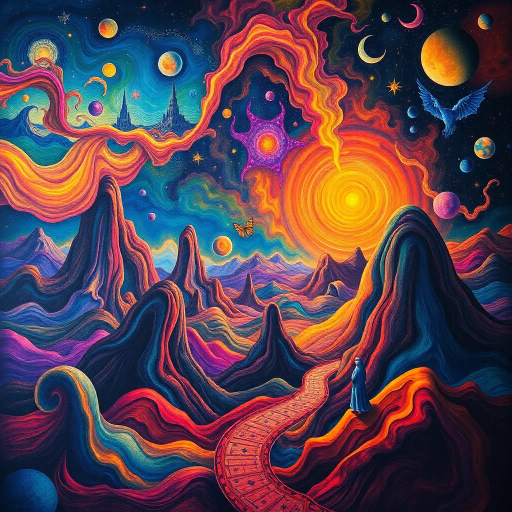 surreal, dreamscape, vibrant colors, cosmic realms, ethereal glow, whimsical forms, Salvador Dalí influence, mysterious landscapes, starry night sky, intricate patterns, flowing lines, mythical creatures, imaginative worlds, atmospheric depth, timeless wonder, enigmatic symbols, celestial themes, dynamic movement, abstract shapes, poetic ambiance, fantasy storytelling, immersive experience