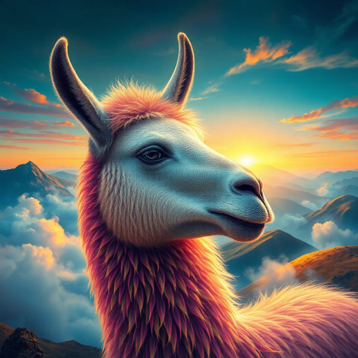 mystical llama, Salvador Dalí, surreal landscapes, vibrant colors, flowing textures, ethereal glow, fantastic realism, imaginative creativity, otherworldly ambiance, enchanted highlands, dreamlike scenery, mythical charm, dynamic composition, magical realism, cloaked in mist, detailed fur, luminous alpenglow, whimsical allure, gentle majesty, impressionistic, radiant horizon