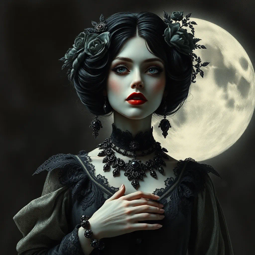 gothic, ethereal atmosphere, dark elegance, Tim Burton, Victorian era, chiaroscuro lighting, intricate lace textures, moody tones, chiaroscuro contrast, ink and watercolor, atmospheric shadows, enigmatic expression, Art Nouveau influence, celestial elements, mystical aura, baroque details, dramatic composition, melancholic undertones, vintage romanticism, surreal twist, ornate jewelry, flowing fabrics, moonlit ambiance, mysterious enigma, Edward Gorey inspiration, lavish ornamentation, shadow play, introspective gaze