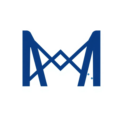 geometric M lettermark, bold parallel vertical strokes, angled V-shaped bridges, hierarchy symbolism, solid indigo blue, minimalism, flat vector design, white background, Bauhaus influence, modernist typography, precision, clarity, structural design, monochrome elegance, modular aesthetics, architectural inspiration, clean lines, minimalist logo design, balance and symmetry, contemporary graphic identity