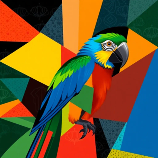 vivid parrot, geometric patterns, vibrant colors, cubism influences, Pablo Picasso, dynamic composition, abstract shapes, bold lines, tropical elements, fragmented forms, symmetry and asymmetry, kinetic motion, bright feathers, environmental textures, modernist twist, lively expression, angular perspectives, intense hues, cultural symbolism, contemporary framing