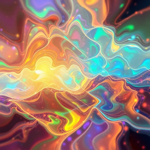 translucent filtration, ethereal glow, vibrant colors, intricate patterns, abstract design, cybernetic influence, fluid dynamics, particle flow, surreal landscapes, futurism, layered textures, digital brushes, modulation of light, otherworldly atmosphere, synthetic realism, Escher-like complexity, harmonious balance, immersive experience, dynamic movement, holographic illusion, fractal geometry, cosmic motifs, visual depth