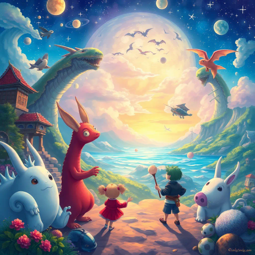 magical realism, vibrant colors, Studio Ghibli influence, fantastical creatures, serene landscapes, dynamic action, whimsical characters, high detail, emotional depth, Miyazaki style, enchanting worlds, youthful adventure, celestial elements, soft gradients, expressive eyes, intricate line work, fairy-tale atmosphere, cultural symbolism, ethereal lighting, narrative richness, dreamlike quality