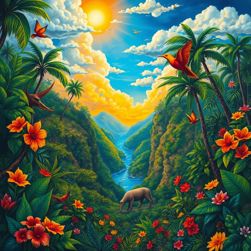 vivid rainforests, vibrant colors, intricate details, lush foliage, rich cultural heritage, magical realism, Brazilian landscape, surreal clouds, tropical wildlife, Henri Rousseau influence, rhythmic movement, radiant sunlight, festive mood, intricate patterns, exotic birds, mythical elements, celebratory spirit, samba rhythm, enchanting scenery, lush landscapes, Rio Carnival, Tarsila do Amaral, modernist architecture, vibrant street art, Copacabana beach, cultural fusion, Botero-inspired figures, expressive brushstrokes, Amazon River, joyous atmosphere, Carmen Miranda, dynamic samba dancers, exuberant colors, chromatic brilliance, Jorge Selarón, contemporary influences