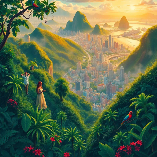 vibrant rainforest, sprawling cityscapes, Rio Carnival celebration, modernist architecture, Tarsila do Amaral, tropical paradise, lush landscapes, Samba rhythm, vivid color palettes, dynamic movement, cultural fusion, vibrant street art, warm sunlight, Copacabana beach, panoramic views, rich biodiversity, Botero-inspired figures, expressive brushstrokes, Amazon River, intricate textures, joyous atmosphere, cultural heritage, Henri Rousseau influence, energetic composition