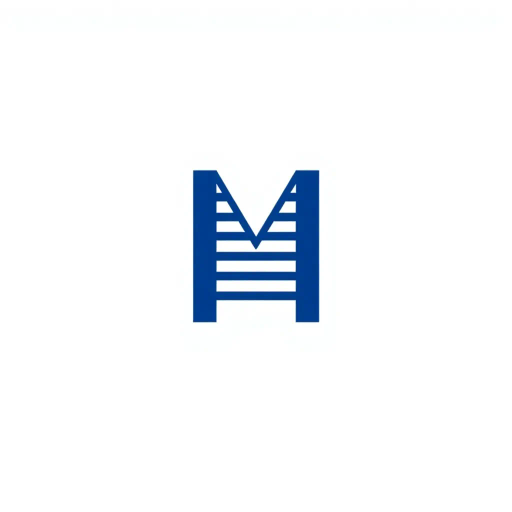 abstract, minimalist logo, geometric letter M, thin horizontal lines, hierarchy, ladder rungs, solid indigo blue, crisp vector design, white background, modern typography, Bauhaus influence, clean composition, precise geometry, vector graphics, contemporary aesthetic, graphic design, minimalism, line weight variation, symbolic representation, structured layout