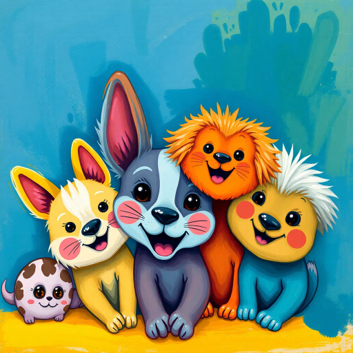playful creatures, whimsical imagination, vivid colors, soft textures, Matisse-inspired, contemporary charm, vibrant palette, gentle brushwork, joyful expression, dynamic movement, cartoon-like approach, heartwarming mood, close-up perspective, fantasy influences, charming pets, endearing appearance, surreal touch, captivating emotion, lively composition