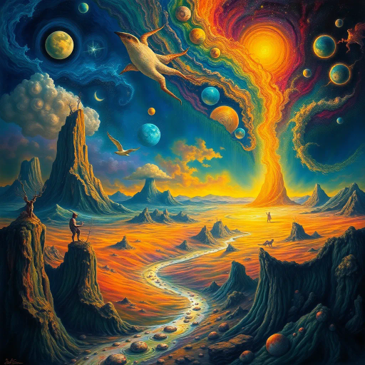 surreal landscapes, vibrant colors, Salvador Dali, dreamlike imagery, ethereal light, intricate patterns, mythical creatures, allegorical symbols, baroque influences, imaginative realms, emotional depth, vast horizons, whimsical details, Renaissance echoes, dynamic compositions, ethereal textures, enchanted forests, mystical atmospheres, fantasy settings, cosmic elements, narrative depth, visionary concepts, evocative mood, artistic storytelling, surrealism, immersive environments, fantastical themes