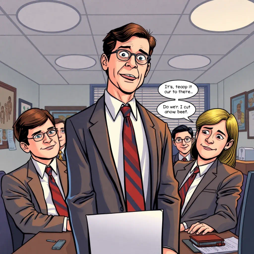 The Office, satirical humor, vibrant tones, Steve Carell, ensemble cast, mockumentary style, quirky office life, subtle irony, character dynamics, Michael Scott, Dunder Mifflin, Scranton, Pennsylvania, documentary filming, 2000s television, comedic timing, deadpan expression, cultural phenomenon, paper company antics, witty banter, relatable humor, office supplies intrigue, Jim Halpert, Pam Beesly, Dwight Schrute, team dynamics, overhead fluorescent lighting, mundane charm, round camera angles, workplace relationships, comic book style, visual storytelling, dynamic illustrations, humorous expressions, narrative panels, exaggerated character features, bold outlines, vibrant color palette, sequential art, engaging storylines
