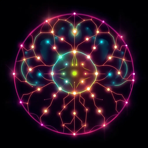 futuristic symbol, artificial intelligence, neural network patterns, vibrant colors, three-dimensional depth, abstract geometry, minimalist design, glowing lines, Claude Monet influence, conceptual brain, high-tech circuitry, modern elegance, cognitive connections, dynamic flow, ethereal glow, Bauhaus style, cutting-edge technology, innovative shapes, sleek contours, surreal forms, intellectual abstraction, liminal space, interconnectedness, science meets art, fluid design, visual metaphor, collective intelligence, digital canvas, evocative imagery