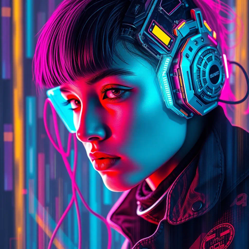 futuristic portrait, vibrant colors, cyberpunk aesthetic, neon glow, dynamic composition, intricate details, digital brushstrokes, high contrast, ethereal light, human and technology fusion, intricate patterns, cinematic framing, contemporary influences, virtual realism, surreal atmosphere, enigmatic expression, artistic amalgamation, abstraction, visual narrative, emotionally evocative