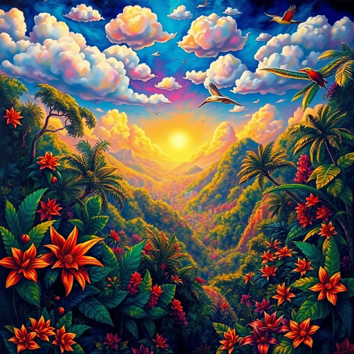 vivid rainforests, carnival atmosphere, vibrant colors, intricate details, lush foliage, rich cultural heritage, magical realism, Brazilian landscape, surreal clouds, tropical wildlife, Henri Rousseau, rhythmic movement, radiant sunlight, festive mood, intricate patterns, exotic birds, mythical elements, celebratory spirit, tropical flora, samba rhythm, enchanting scenery, Rio Carnival, sprawling cityscapes, modernist architecture, Tarsila do Amaral, cultural fusion, vibrant street art, warm sunlight, Copacabana beach, rich biodiversity, Botero-inspired, expressive brushstrokes, Amazon River, joyous atmosphere, Jorge Selarón, Carmen Miranda, exuberant colors, dynamic samba dancers, bold compositions, Afro-Brazilian heritage, fluid movement, sunlit landscapes, urban diversity, contemporary influences, chromatic brilliance, surrealism, rhythmic energy, lively street scenes, atmospheric perspective, detailed textures, spirited festivities, complex compositions, whimsical elements, mystical atmosphere, fantastical landscapes