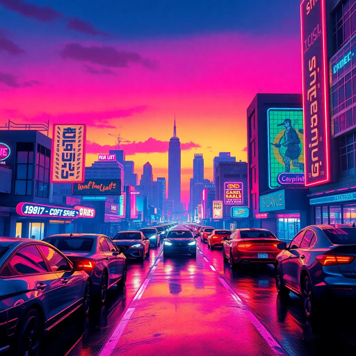 retrowave, neon glow, synthwave, 1980s nostalgia, vibrant hues, cyberpunk influence, Miami Vice colors, gradient skies, glowing grids, vaporwave vibes, futurism, digital landscape, pulsating lights, surreal cityscapes, cinematic framing, synth music inspiration, futuristic cars, nightscape, chrome textures, dynamic perspective, electrifying ambiance, futuristic cityscape, vibrant neon colors, electric hues, bold geometric shapes, urban landscape, high contrast visuals, retro-futurism, dynamic movement, dusk lighting, vivid reflections, intricate detailing, surreal atmosphere, abstract patterns, sci-fi elements, immersive universe, nostalgic mood, visual rhythm, avant-garde expression, cultural nostalgia