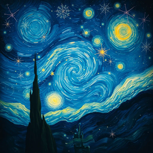 celestial bodies, cosmic wonder, Vincent van Gogh, swirling galaxies, ethereal glow, deep space, twilight hues, shimmering starlight, vast cosmos, mystical ambiance, brilliant constellations, crisp detail, infinite universe, dreamlike vista, expansive perspective, dynamic movement, luminescent orbs, surreal atmosphere, midnight blue, enchanted night sky, whimsical elements, otherworldly beauty