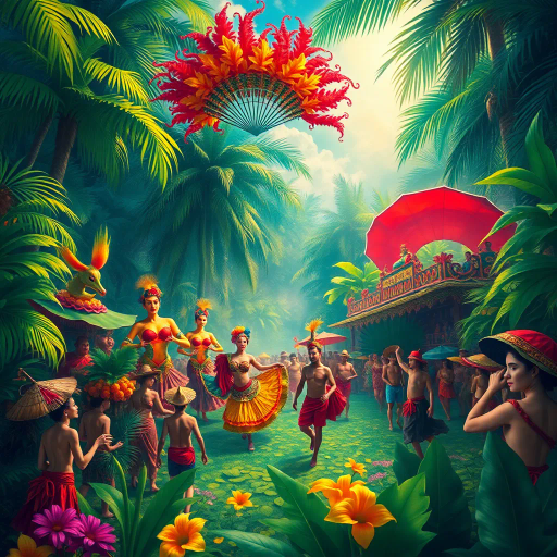 vibrant carnival, amazon jungle, lush greenery, rich cultural tapestry, Carmen Miranda, surrealism, tropical hues, dynamic movement, rhythmic energy, expressive colors, intricate patterns, lively street scenes, samba dancers, exotic wildlife, atmospheric perspective, detailed textures, magical realism, cultural diversity, spirited festivities, radiant sunlight, complex compositions, whimsical elements, bold palettes, mystical atmosphere, fantastical landscapes, tropical flora and fauna