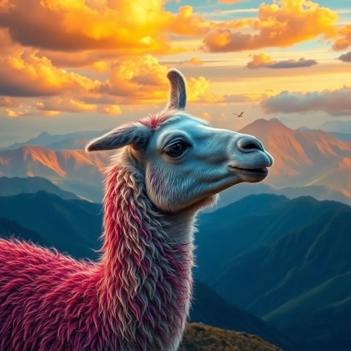 majestic llama, Andes mountains, vibrant colors, magical realism, intricate details, surreal landscape, golden hour lighting, textured fur, mystical aura, sweeping vistas, dynamic composition, ethereal clouds, cultural richness, Gabriel García Márquez influence, dreamlike atmosphere, gentle movement, whimsical charm, enchanting presence, intricate patterns, rich symbolism, warm tones, expansive terrain, mythical quality, impressionistic touch, imaginative narrative
