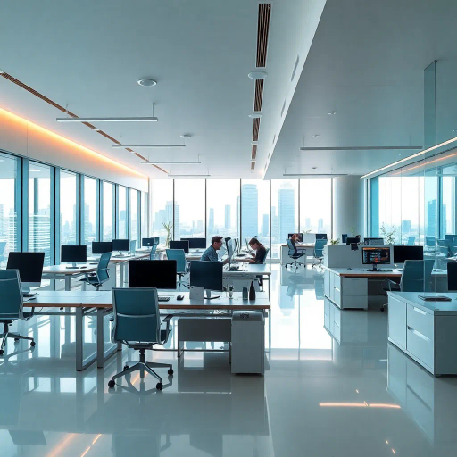 modern workspace, innovative design, sleek lines, minimalist aesthetic, vibrant colors, open-plan, ergonomic furniture, dynamic composition, natural light, productivity-focused, contrast, contemporary art, abstract shapes, futurism, expansive spaces, technological influences, efficiency, balance, creative atmosphere, urban landscape, industrial touches, collaborative environment, reflective surfaces, geometric patterns, inspiration, movement, flow, innovation