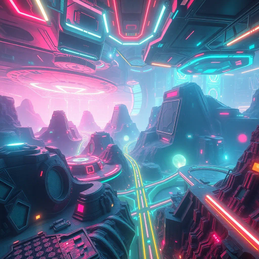 immersive virtual reality, futuristic landscapes, cyberpunk influences, vibrant neon colors, dynamic perspectives, interactive environments, speculative technology, complex geometric shapes, cutting-edge interfaces, uncanny realism, simulation and reality blending, radiant digital glow, hyper-detailed textures, electronic imagery, visual abstraction, innovative exploration, tech-noir atmosphere, fluid movement dynamics, parallel worlds, infinite scale, William Gibson inspirations, contemporary digital aesthetics, captivating illusions, ethereal light.