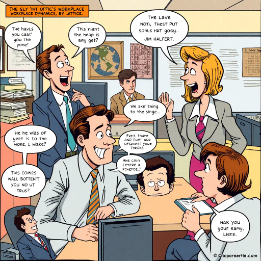 satirical workplace dynamics, humorous situations, colorful characters, Jim Halpert, Pam Beesly, mockumentary style, lively banter, office antics, playful tone, exaggerated expressions, narrative humor, corporate setting, vibrant palette, dynamic panels, exaggerated scenarios, comedic timing, slice of life, workplace comedy, Michael Scott, sitcom classic, Roy Lichtenstein influence, pop art aesthetic