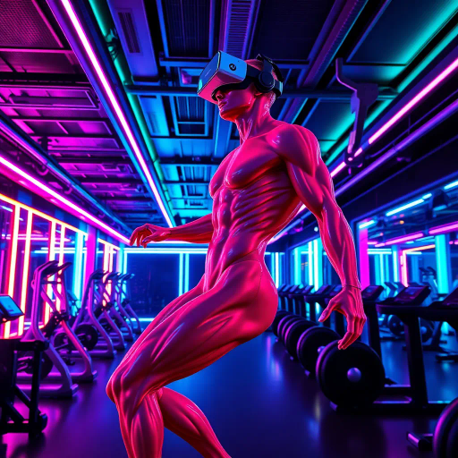 dynamic athleticism, futuristic gymnasium, neon colors, reflective surfaces, hyper-realistic anatomy, energy and motion, muscle definition, vibrant lighting, cyberpunk influence, Bauhaus geometry, ergonomic design, kinetic energy, modern fitness equipment, virtual reality integration, digital precision, immersive experience, Salvador Dali, surreal energy, digital canvas, ultraviolet glow, biomechanical aesthetics, anatomical exaggeration, kinetic sculpture, immersive environment, chromatic brilliance, optical illusion, transhumanism, postmodern influence, futurism, meticulous detail, abstract form, sculptural anatomy, leisure utopia, enhanced perception