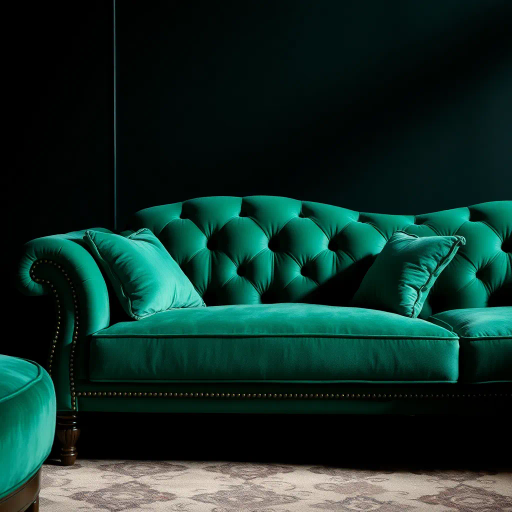 luxurious sofa, intricate stitching, soft velvet texture, vibrant emerald green, baroque influences, ambient lighting, dramatic shadows, opulent details, comfort and elegance, harmonious composition, rich textures, bold contrasts, modern elegance, fine craftsmanship, dynamic balance, luxurious setting, subtle curves, mid-century modern vibe, warm and inviting atmosphere, gentle contours, intimate perspective, artistic fabric, refined design, sophisticated allure, timeless beauty, visual richness, captivating hues, artistic vision