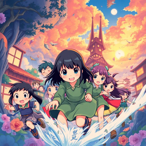 vibrant colors, dynamic action, intricate backgrounds, Studio Ghibli influence, narrative depth, whimsical characters, Japanese culture, expressive faces, fantasy adventure, emotional storytelling, traditional animation, manga aesthetics, lively environment, detailed costumes, cultural motifs, fluid motion, Harajuku fashion, melodic themes, light-hearted humor, ethereal landscapes