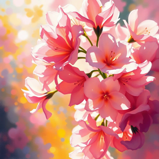 vibrant blossoms, ethereal beauty, Claude Monet influence, impressionistic brushstrokes, luminous colors, sunlit petals, dynamic composition, botanical subject, serenity and peace, garden aesthetics, Romanticism era, natural textures, atmospheric perspective, harmony in nature, whimsical elegance, soft gradients, color symphony, movement in flora, organic forms, delicate strokes, light and shadow interplay, poetic atmosphere, ephemeral bloom, visual poetry, serene abstraction