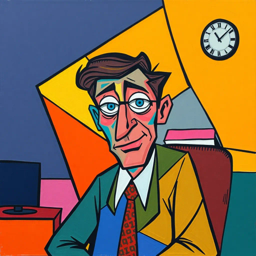 michael scott, geometric abstraction, vibrant colors, cubism, pablo picasso inspiration, bold lines, office setting, comedic expression, abstract shapes, modernist influence, angular forms, playful composition, humorous undertones, dynamic angles, surreal elements, contrasting textures, contemporary twist, character study, exaggerated proportions, artistic humor, satirical depiction