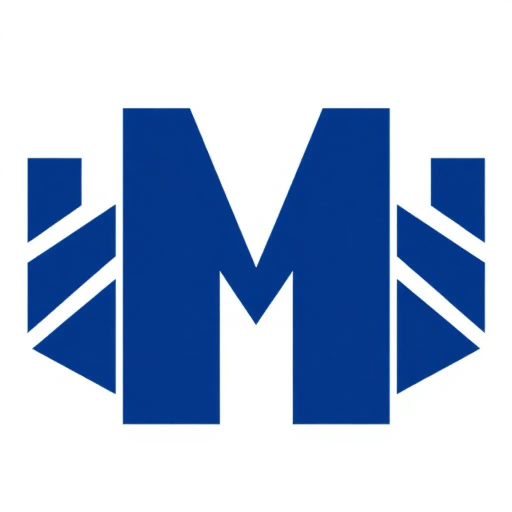 bold letter M logo, parallel strokes, subtly taper, upward hierarchy, structured design, solid indigo blue, clean geometric vector, white background, modern minimalist, Bauhaus influence, precise lines, asymmetrical balance, visual clarity, typographic elegance, dimensional form, sleek aesthetic, contemporary design, harmonious proportions