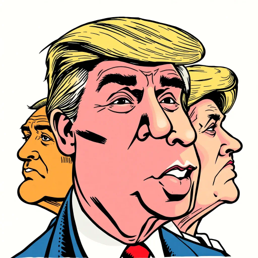 satirical caricature, exaggerated features, political symbolism, vibrant colors, pen-and-ink textures, Roy Lichtenstein influence, pop art era, humor-driven narrative, dynamic composition, bold outlines, American cultural elements, emotionally charged expressions, satirical tone, mid-20th century reference, iconic imagery, energetic line work, visual wit, comic strip aesthetics, subversive commentary, metaphorical elements, vivid storytelling, narrative depth, cultural critique, satirical humor, expressive character design, parodic elements, visual juxtaposition, contemporary relevance, artistic mockery