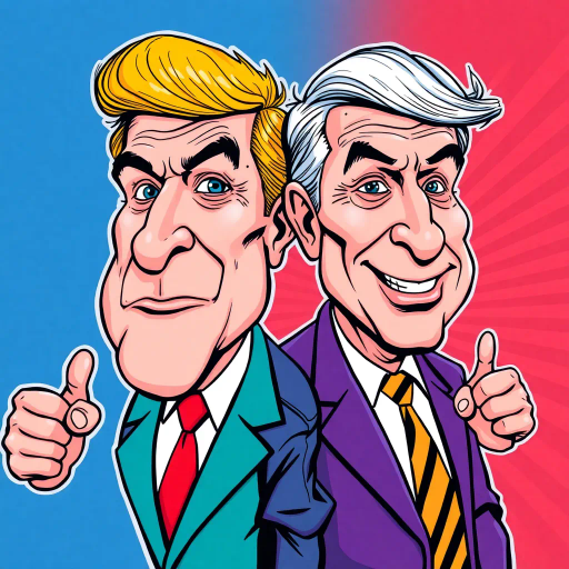 satirical caricature, dynamic duo, bold outlines, vibrant color palette, political satire, futuristic elements, neon highlights, expressive gestures, pop art influences, exaggerated features, humorous tone, cultural commentary, juxtaposition, contrasting personalities, iconic symbols, tech innovation, modern-day politics, comic strip narrative, Roy Lichtenstein style, lighthearted mood, visual storytelling