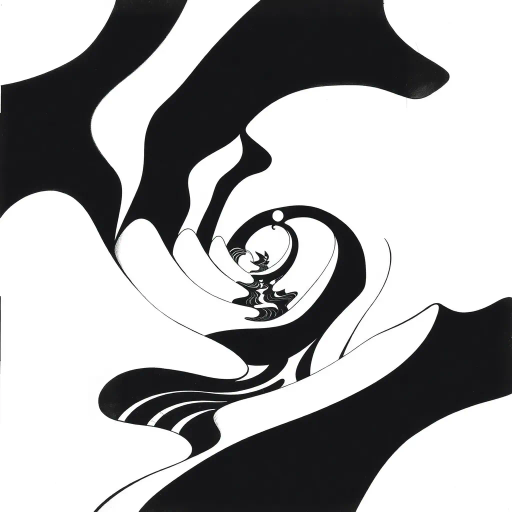 geometric shapes, intricate patterns, flowing lines, minimalist design, abstract expression, monochrome palette, dynamic movement, M.C. Escher influence, precise detailing, linear perspective, visual harmony, spatial depth, surreal geometry, optical illusions, mathematical precision, avant-garde composition, Escherian landscapes, pen and ink medium, black and white contrast, intersecting lines, detailed tessellation, fluid dynamics, rhythmic patterns, visual paradox, complex symmetry, creative geometry, fine linework, subtle gradients, modern abstraction, infinite loops, artistic paradox, surreal complexity, Escheresque illusions, visual enigma, artistic contemplation