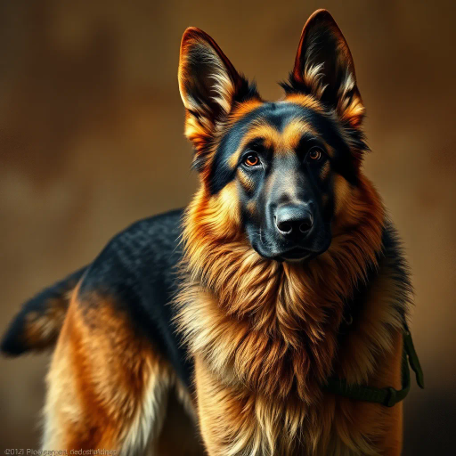 majestic German Shepherd, military companion, detailed fur textures, dynamic motion, bold and heroic, Rembrandt lighting, John Singer Sargent influences, vivid earth tones, disciplined stance, rich symbolism of loyalty, war-torn backdrop, intricate details, dynamic composition, emotional intensity, heroism, historical context, military attire textures, Renaissance artistry, perspective of strength and honor, commanding presence, realism with a touch of surrealism, expressive eyes conveying determination