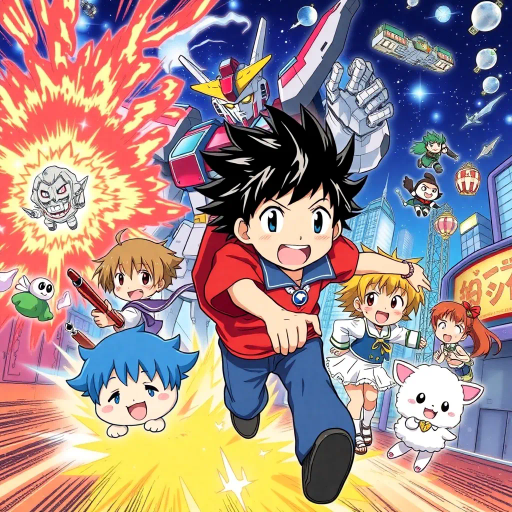 vibrant colors, dynamic movement, Japanese animation, manga, expressive characters, cel shading, fantastical worlds, action-packed scenes, emotional storytelling, whimsical art style, exaggerated features, kawaii aesthetic, magical powers, mecha, chibi characters, shonen, shojo, seinen, josei, otaku culture, cosplay, giant robots, moe, kemonomimi, school settings, supernatural creatures, epic battles, intricate character designs, unique hairstyles, comedic moments, friendship, romance, coming-of-age stories, iconic visual tropes, Studio Ghibli, Hayao Miyazaki, Shinkai Makoto, detailed backgrounds, vibrant cityscapes, emotional depth, futuristic landscapes, urban environments, cultural symbolism, transformative journeys