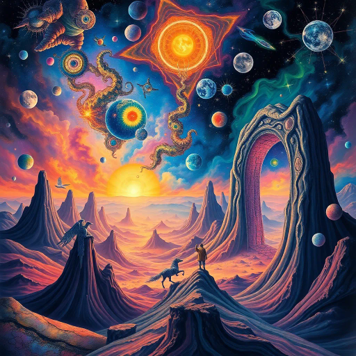 interdimensional portals, cosmic landscapes, Salvador Dalí, surrealism, dreamlike vistas, ethereal glow, vibrant nebulae, fluid forms, juxtaposition of realities, vibrant color palette, intricate patterns, mystical aura, imaginative realms, alternate dimensions, ethereal beings, otherworldly perspectives, boundless horizons, mythical creatures, celestial spheres, metaphysical exploration