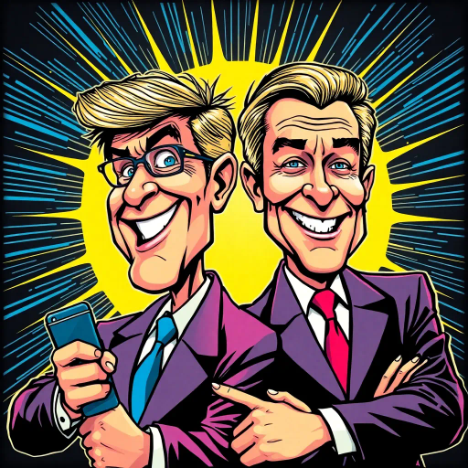 satirical caricature, dynamic duo, bold outlines, vibrant color palette, political satire, futuristic elements, neon highlights, expressive gestures, pop art influences, exaggerated features, humorous tone, cultural commentary, juxtaposition, contrasting personalities, iconic symbols, tech innovation, modern-day politics, comic strip narrative, Roy Lichtenstein style, lighthearted mood, visual storytelling, Andy Warhol, kinetic energy, vibrant dynamics, contemporary criticism, artistic humor, striking contrasts, eye-catching visuals