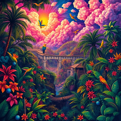 vivid rainforests, carnival atmosphere, vibrant colors, intricate details, lush foliage, rich cultural heritage, magical realism, Brazilian landscape, surreal clouds, tropical wildlife, Henri Rousseau influence, rhythmic movement, radiant sunlight, festive mood, intricate patterns, exotic birds, mythical elements, celebratory spirit, tropical flora, samba rhythm, enchanting scenery