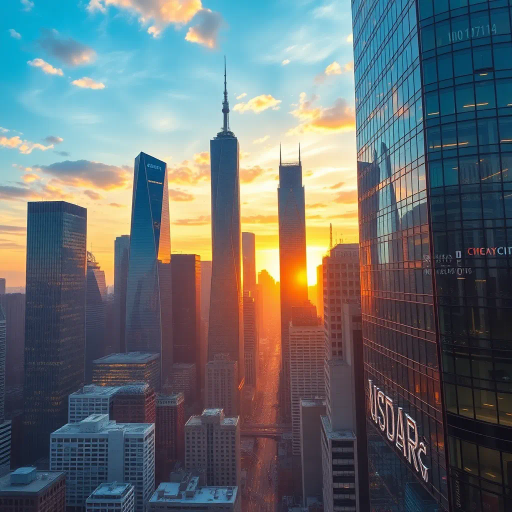 futuristic skyscrapers, bustling cityscape, art deco, economic powerhouse, sunrise over skyline, dynamic composition, vibrant urban colors, Alexander Calder's influence, modernist architecture, reflective glass surfaces, industrial chic, mood of ambition, high contrast lighting, intricate details, perspective of elevation, cultural diversity, economic prosperity, technological innovation, strategic movements, complex geometry, societal progress, business symphony, scale of grandiosity