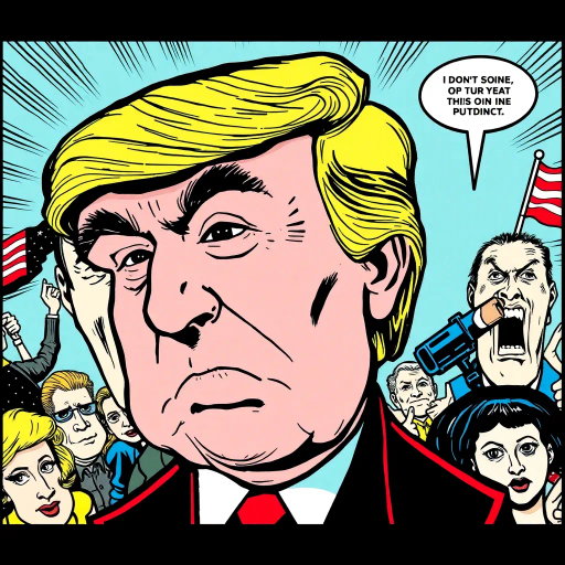 satirical caricature, exaggerated features, political symbolism, vibrant colors, pen-and-ink textures, Roy Lichtenstein influence, pop art era, humor-driven narrative, dynamic composition, bold outlines, American cultural elements, emotionally charged expressions, satirical tone, mid-20th century reference, iconic imagery, energetic line work, visual wit, comic strip aesthetics, subversive commentary, metaphorical elements, pop art influences, colorful patterns, comic panels, lively storytelling, surreal exaggeration, narrative tension, cultural critique