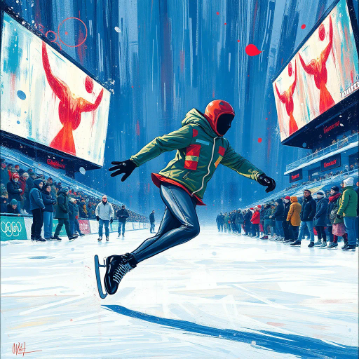 winter, ice skating, olympic games, dynamic movement, Jean-Michel Basquiat, abstract expressionism, vibrant colors, cold tones, movement and flow, kinetic energy, modern design, atmospheric lighting, winter sports, snow-covered landscape, athletic grace, speed and agility, contemporary influence, sportsmanship, emotive expression, frozen moment, icy textures, large scale, crowd of spectators, dramatic perspective, winter wonderland, competitive spirit, intricate details, energetic composition, artistic interpretation, surreal ambiance, seasonal imagery, ephemeral beauty